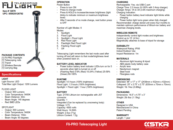 STKR FLI-PRO TELESCOPING LIGHT 8' WITH REMOVABLE FLASHLIGHT