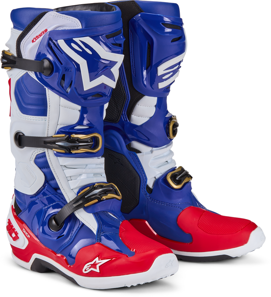 ALPINESTARS TECH 10 LE BOOTS BRT RED/DK BLUE/WHT SZ 11