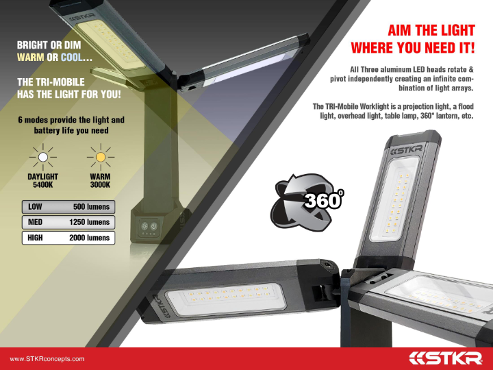 STKR TRI-MOBILE WORK LIGHT 2000 LUMEN