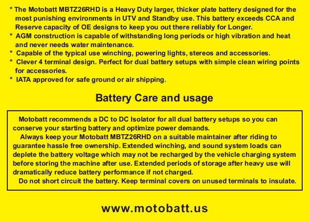 MOTOBATT BATTERY MBTZ26RHD SEALED FACTORY ACTIVATED