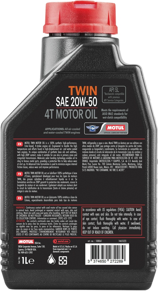 MOTUL MOTUL TWIN 100% SYN 20W50 QT
