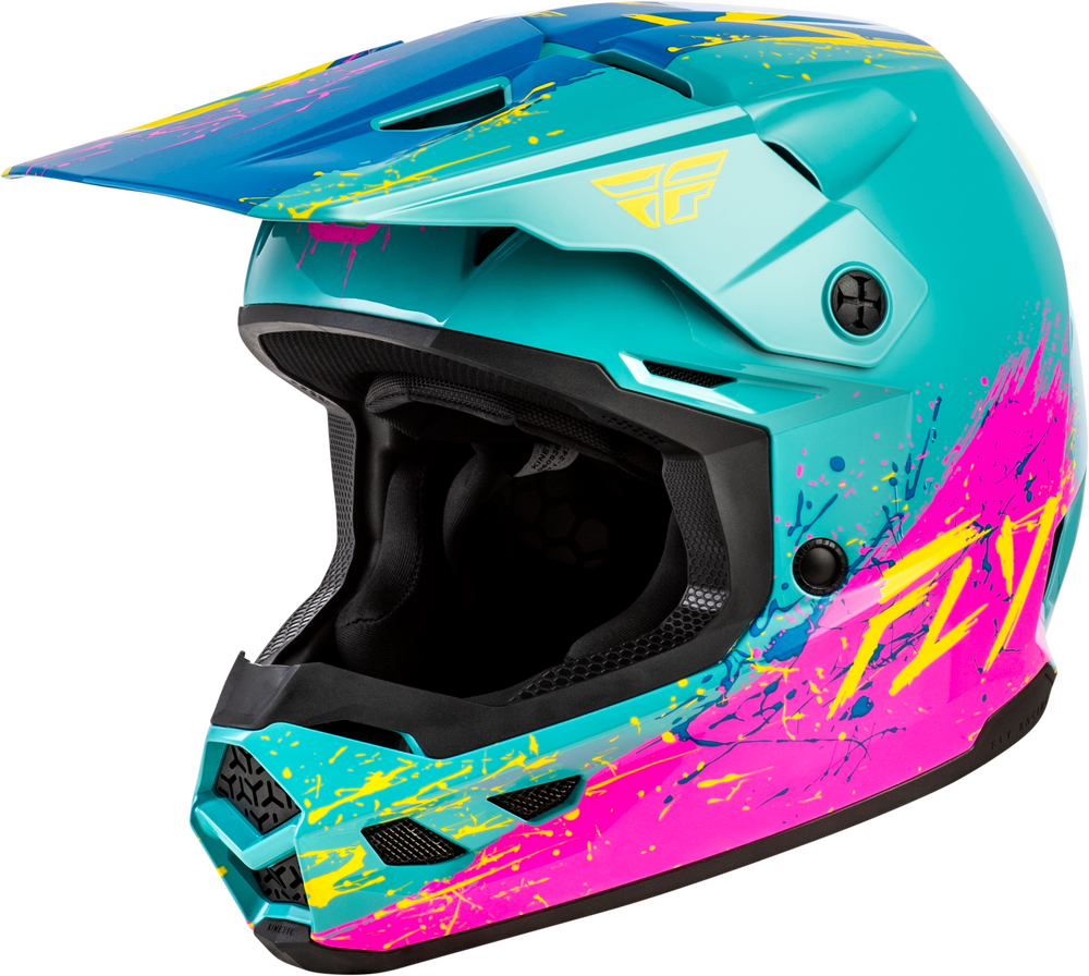 Fly Racing Youth Kinetic Drip Helmet (2026) — Turqoise/Pink/Yellow