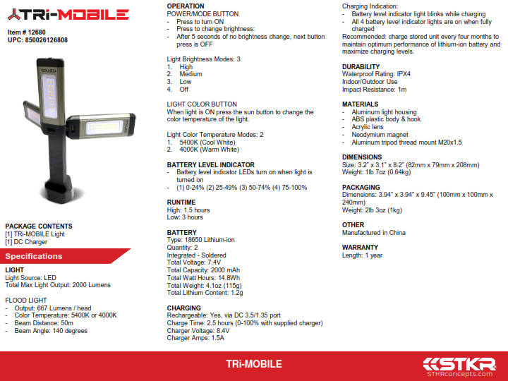 STKR TRI-MOBILE WORK LIGHT 2000 LUMEN