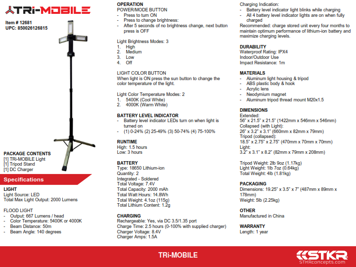STKR TRI-MOBILE WORK LIGHT W/TRIPOD 2000 LUMEN