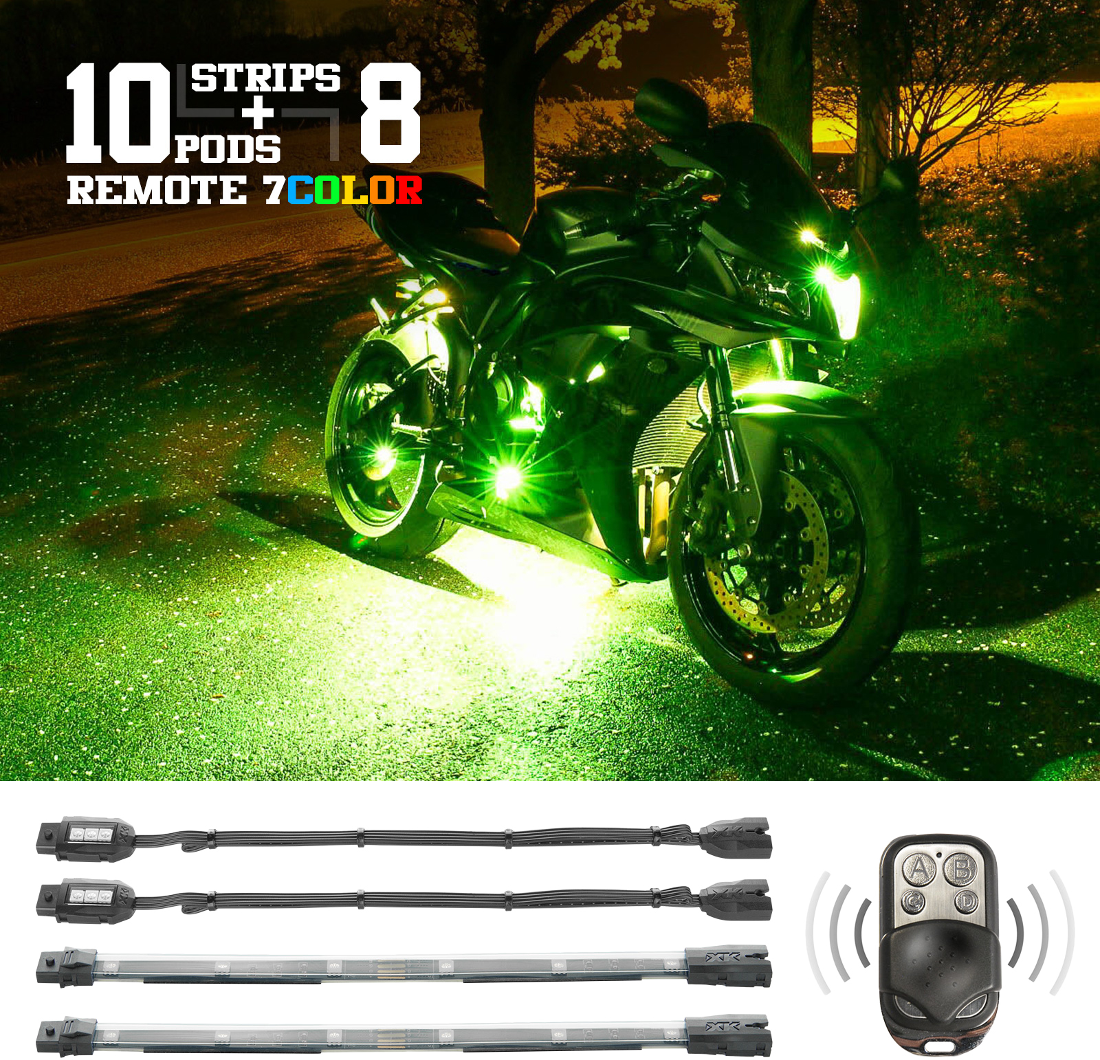 Multi-color Motorcycle LED Accent Light Kit w/Remote Key Fob