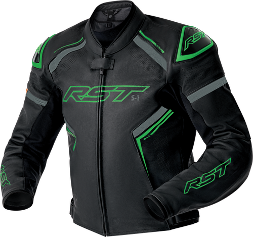 RST S1 D3O LEATHER JACKET BLK/GRY/FLO GRN MD
