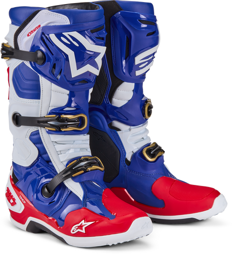 ALPINESTAR TECH 10 LE BOOTS BRT RED/DK BLUE/WHT SZ 09