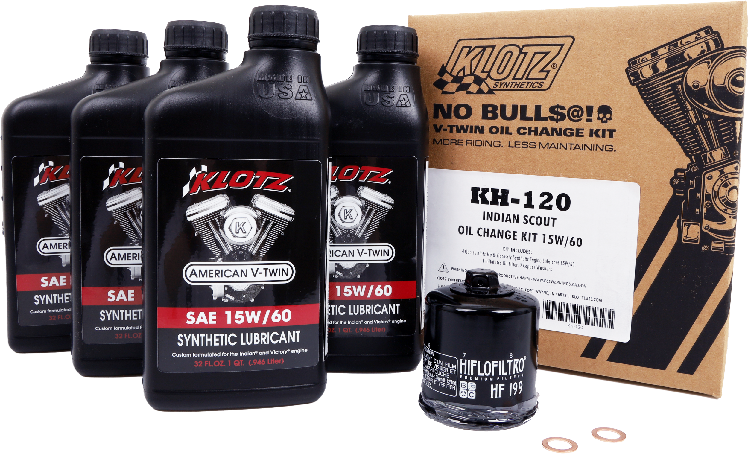 KLOTZ INDIAN SCOUT 15W-60 SYNTHETIC OIL CHANGE KIT - View 1