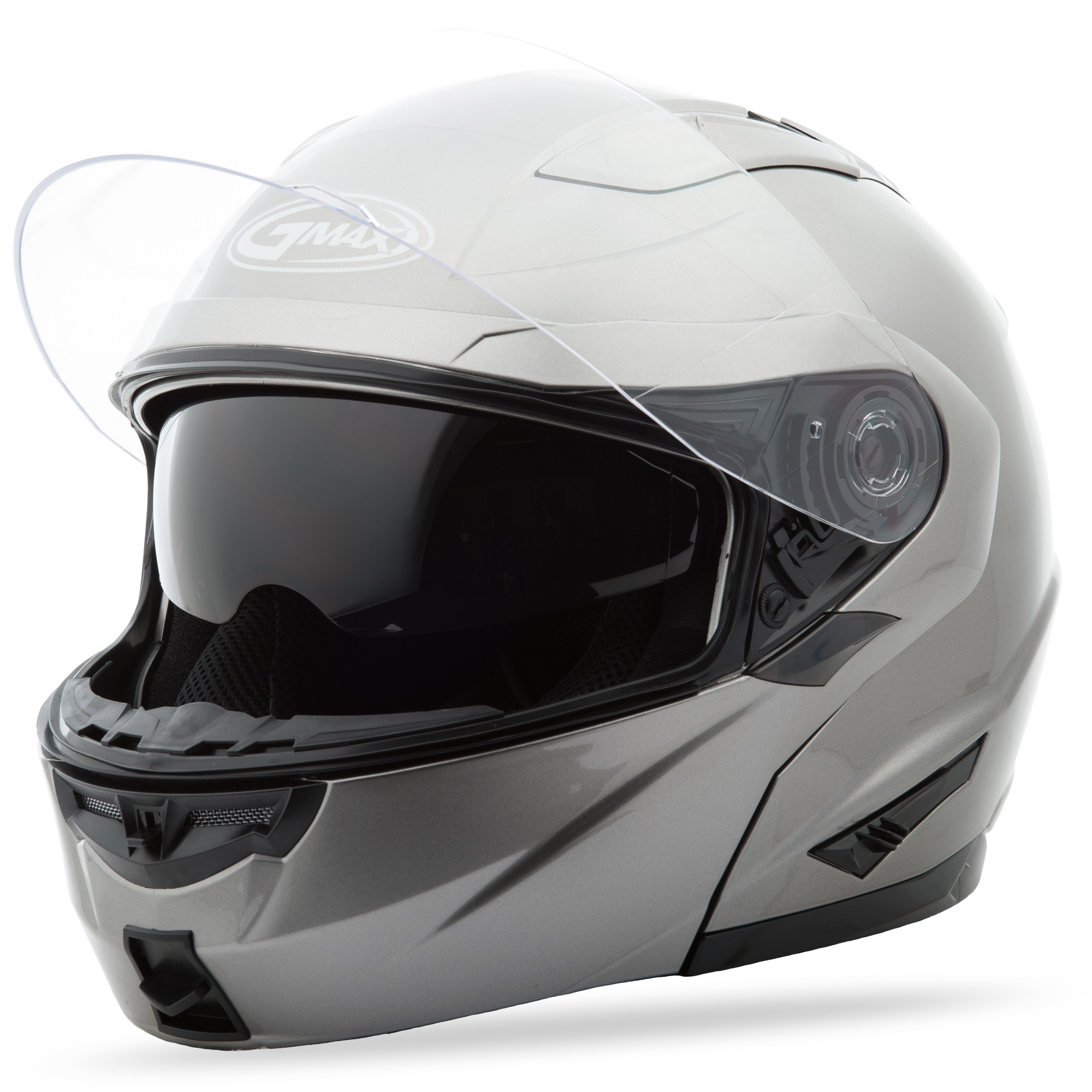 Gmax GM64 Modular Motorcycle Helmet Derk Black White Hi Vis Red